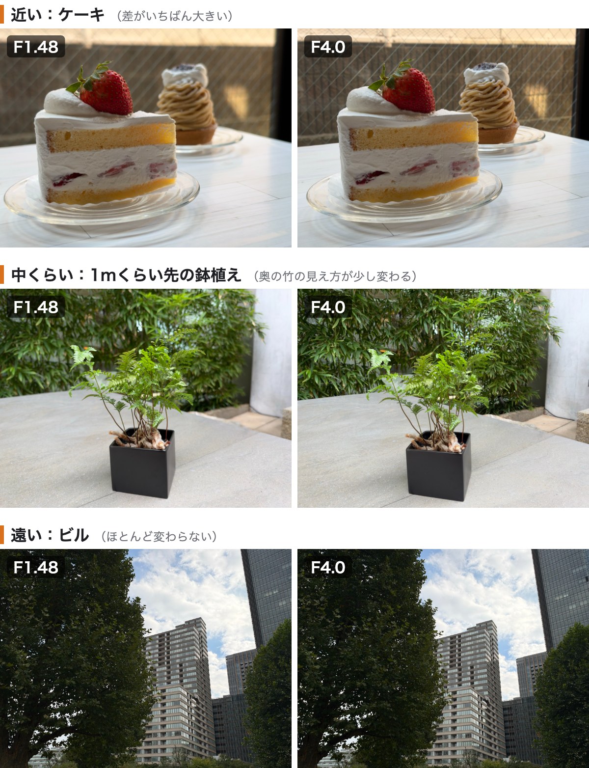 近い・中くらい・遠い被写体をF1.48とF4.0で撮り比べた写真