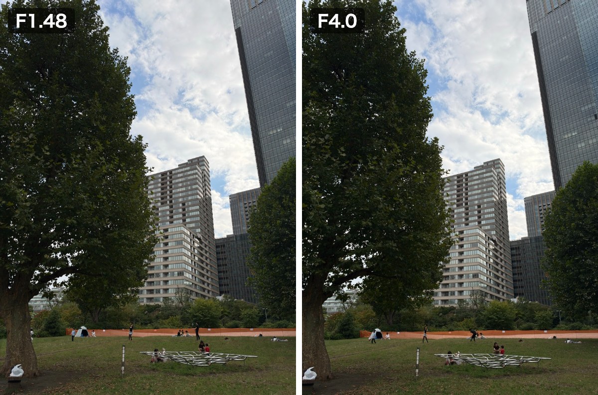 遠くのビルをF1.48とF4.0で撮り比べた写真