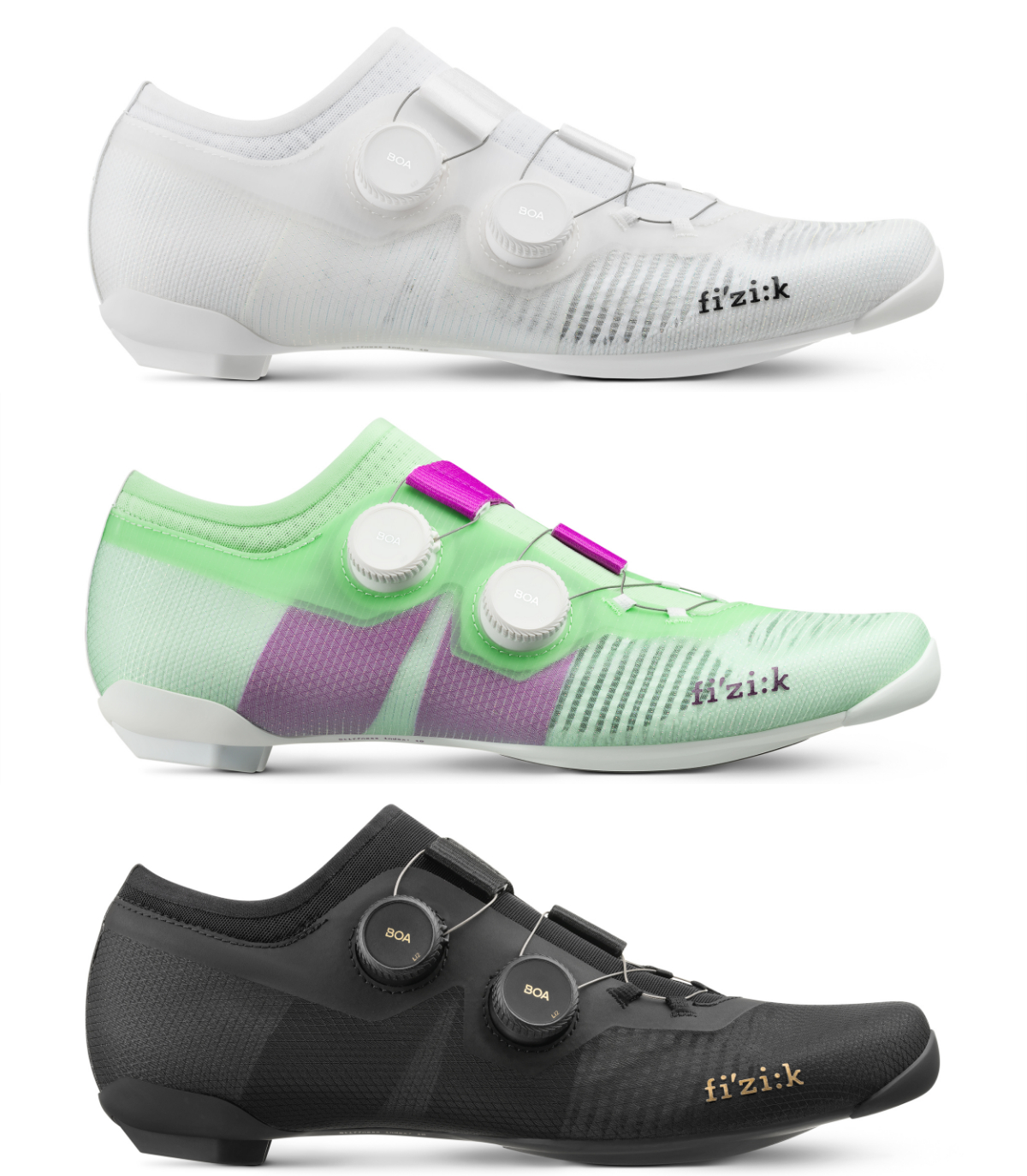 VEGA CARBON WIDE の3色展開 White/White、Coal Black/Black、Mint Green/Purple